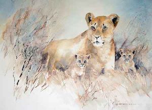 "Lioness and 2 Very Small Cubs"