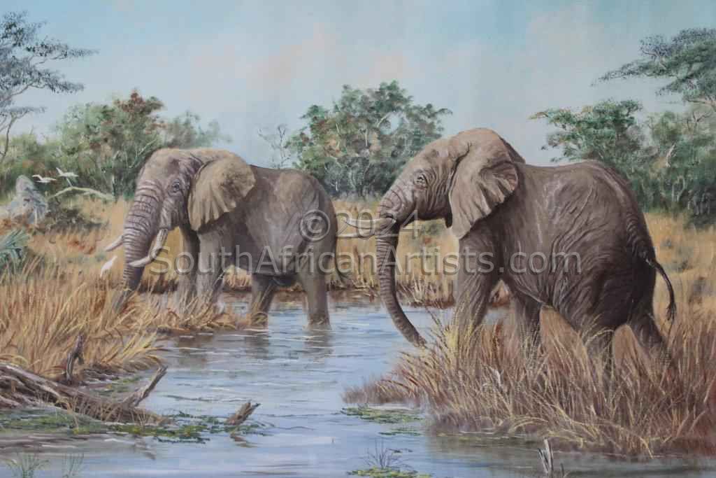 Elephants river crossing