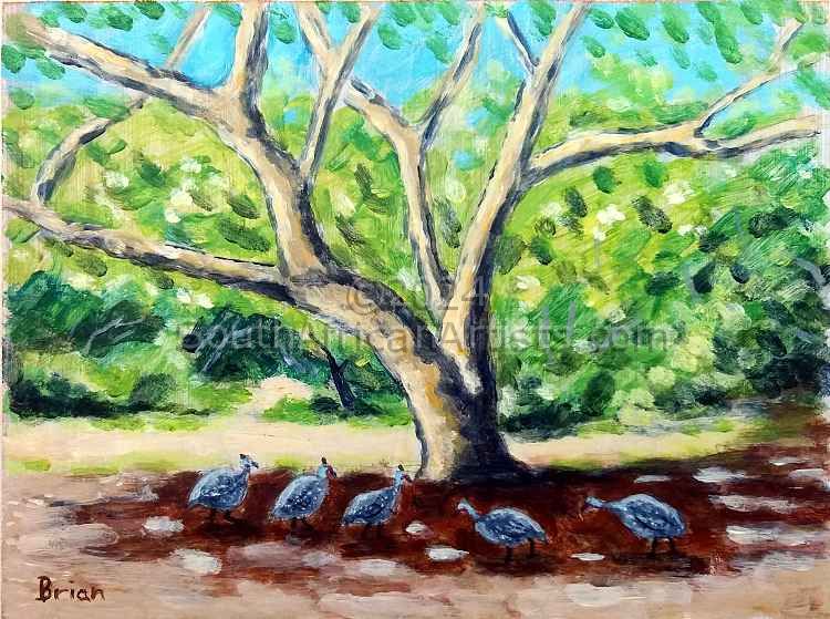 Guinea Fowl Under a Tree