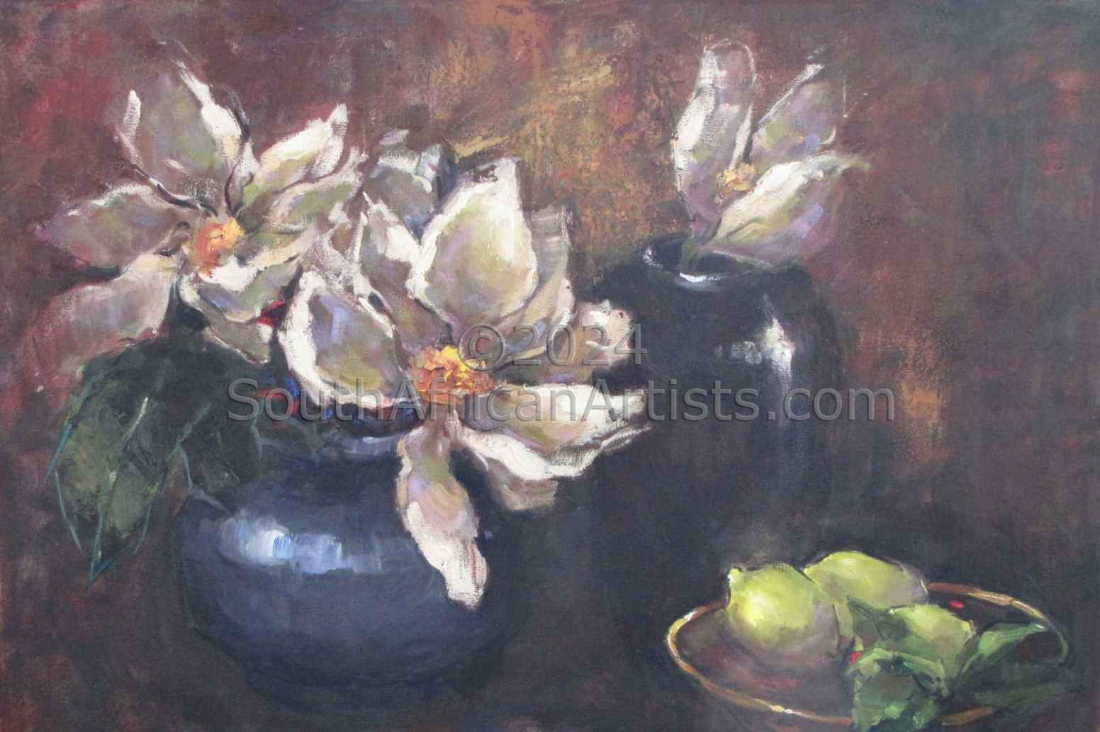 Magnolias in blue vase