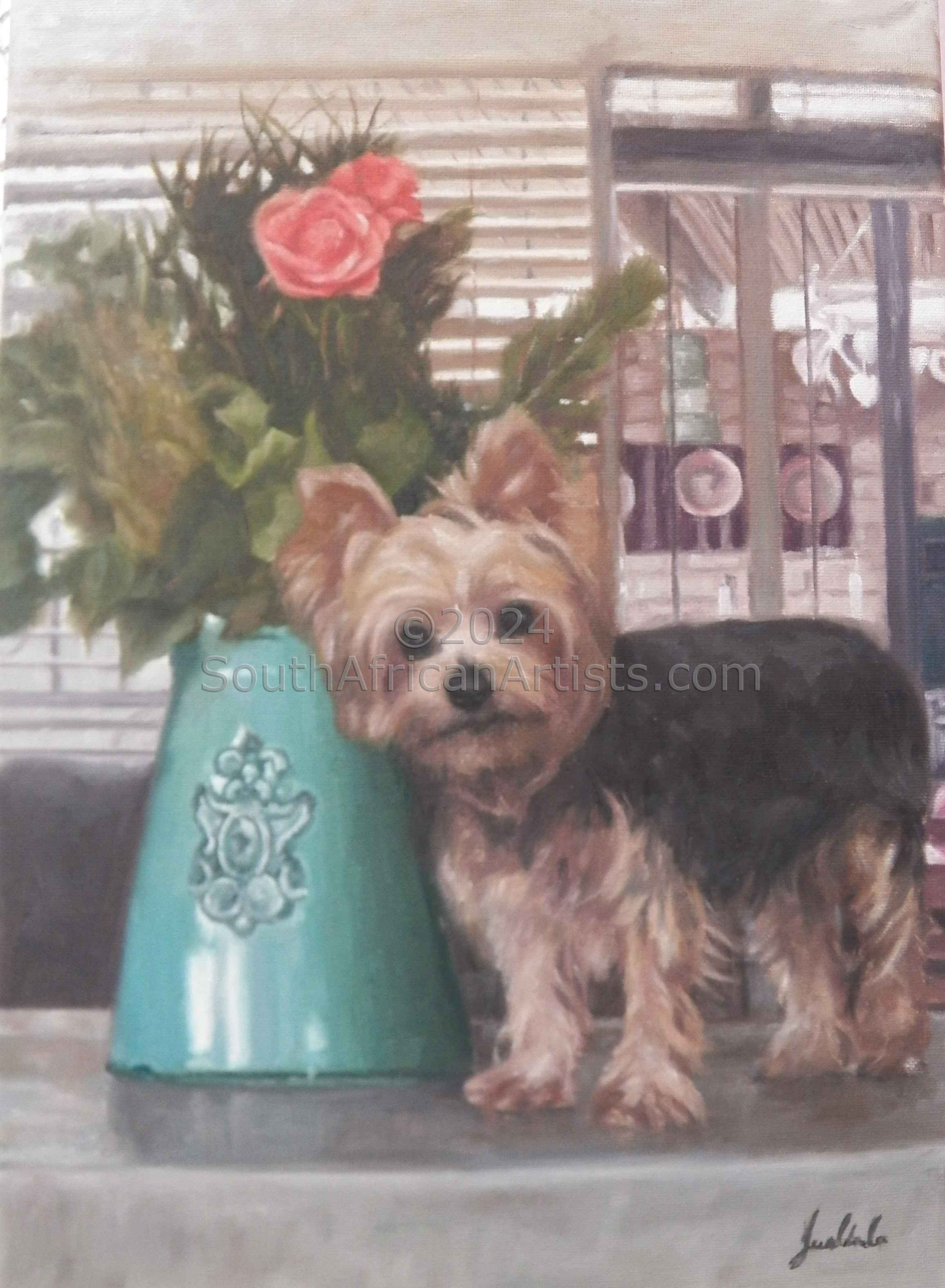 Yorkie and Vase with Flowers