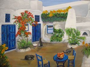 "A courtyard in Santorini in Greece"