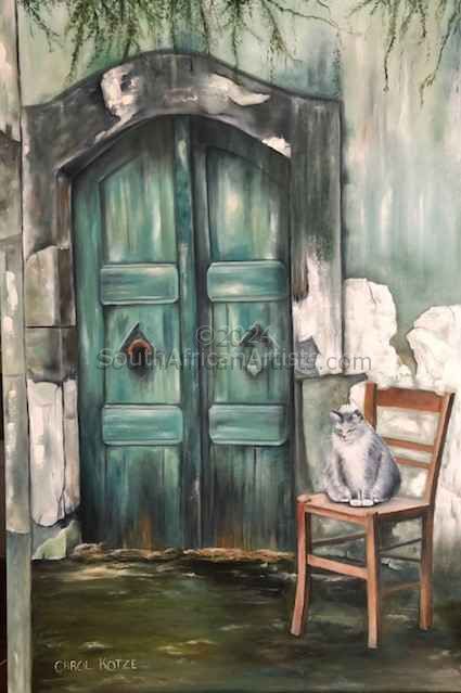 Cat Sitting on Chair at Old Door Entrance