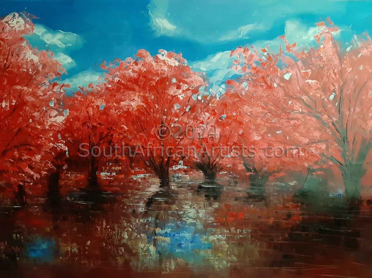 Red Trees in Calm Water