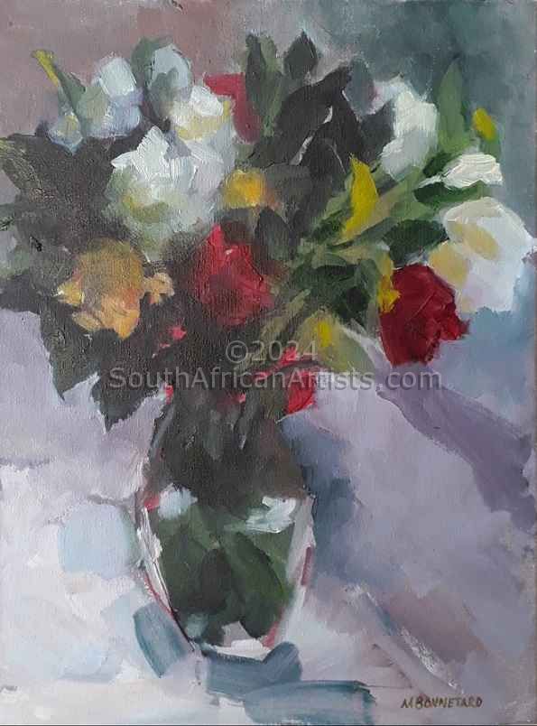 Still Life with Red, White and Yellow Roses