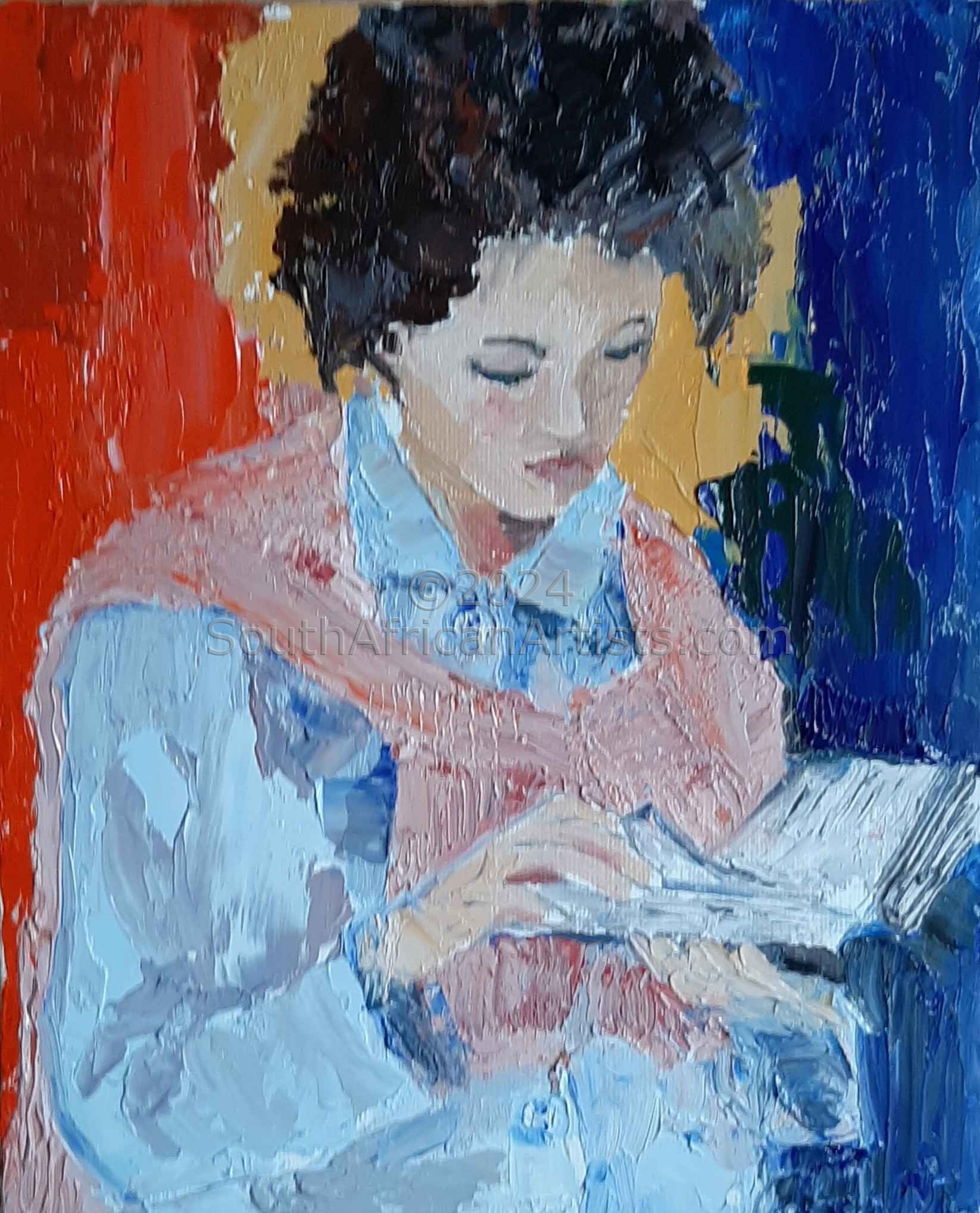Woman Reading in a Denim Shirt and Pink Scarf