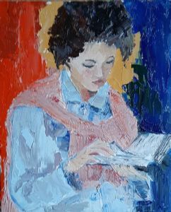"Woman Reading in a Denim Shirt and Pink Scarf"