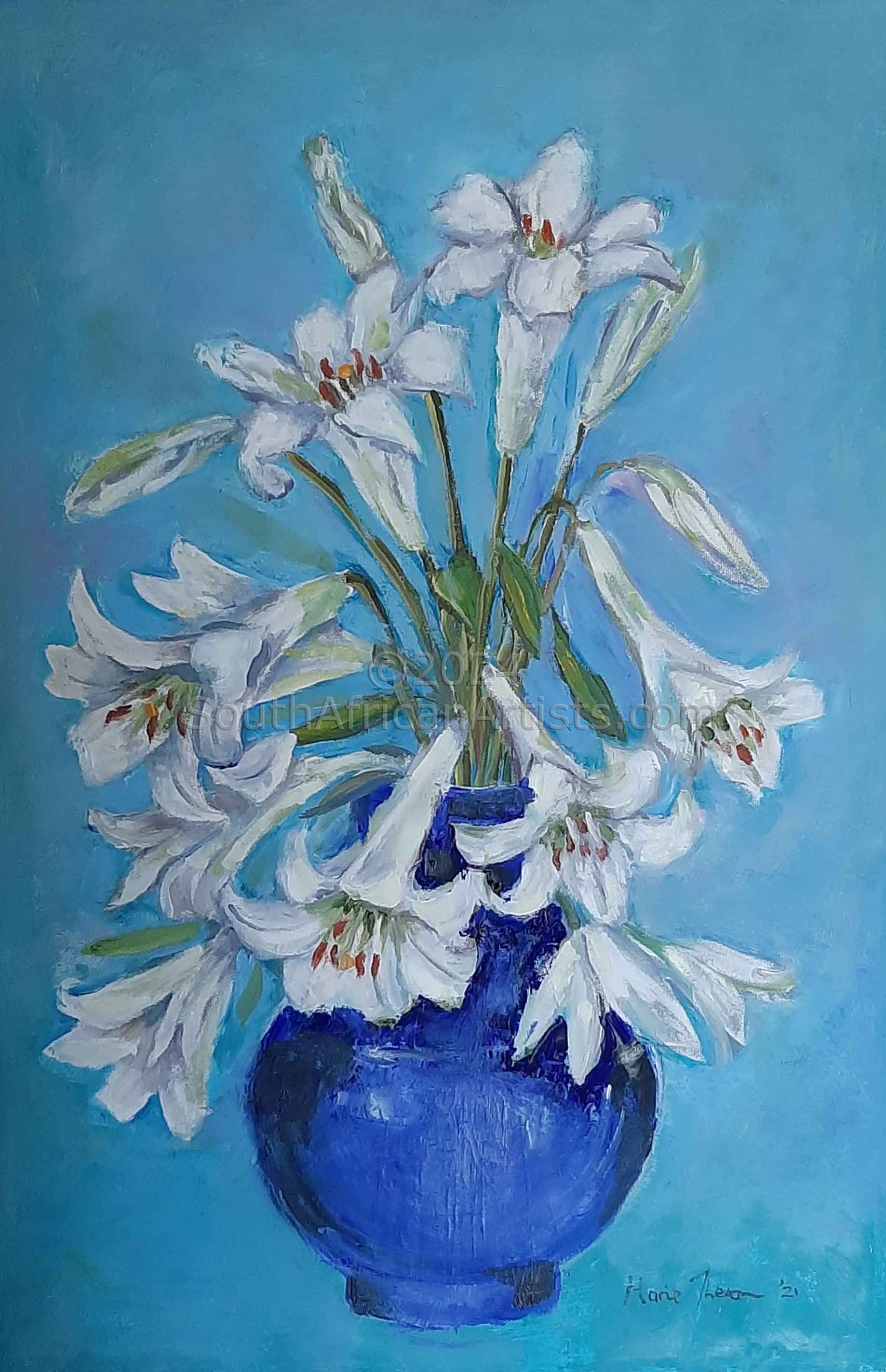 St Joseph Lilies in a Blue Vase