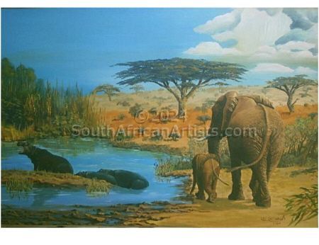 Elephants and hippos in the African Landscape