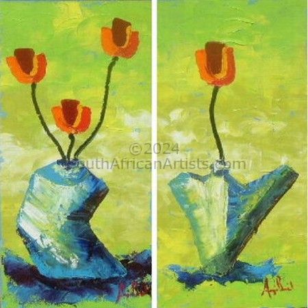 Blue Dancing Pots with Red Tulips