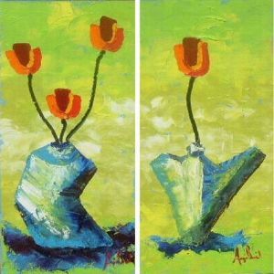 "Blue Dancing Pots with Red Tulips"