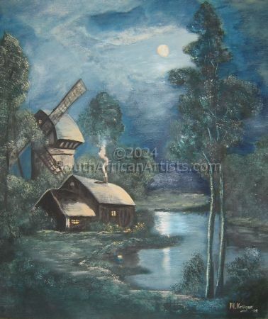 Dutch Windmill in moonlight