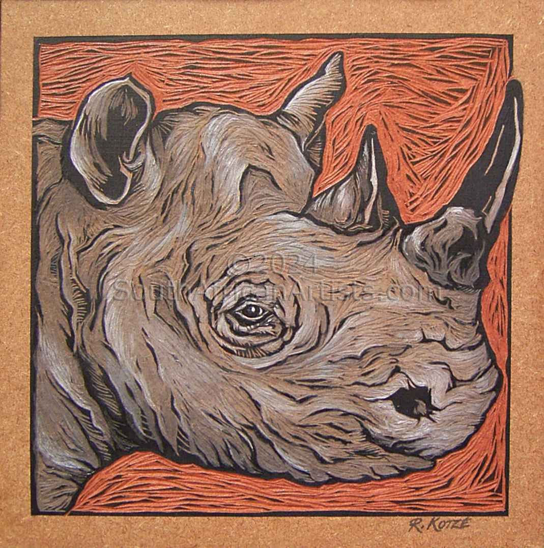 Rhino - Coloured & Incised Woodcut Block