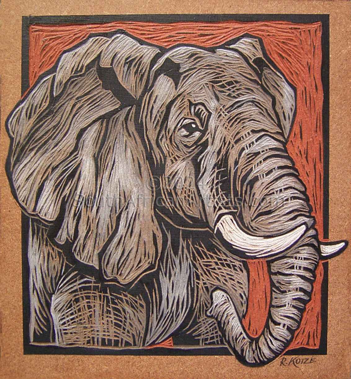 Elephant - Coloured & Incised Woodcut Block 1/1