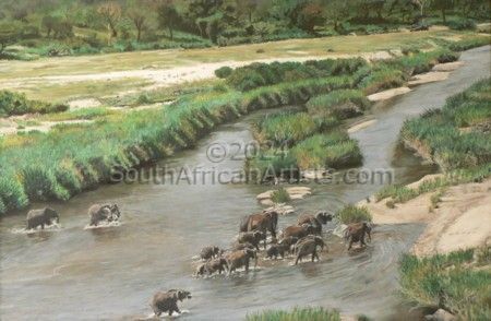 Elephant Herd Crossing Crocodile River