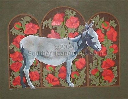 Donkey in a field of poppies