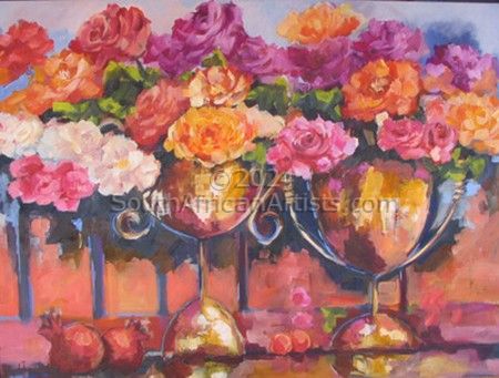 Mixed roses in bronze trophies