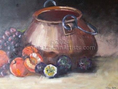 Copper pot, passion fruit, & grapes