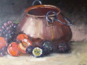 "Copper pot, passion fruit, & grapes"