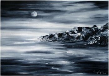 "Moonlit calm waters"