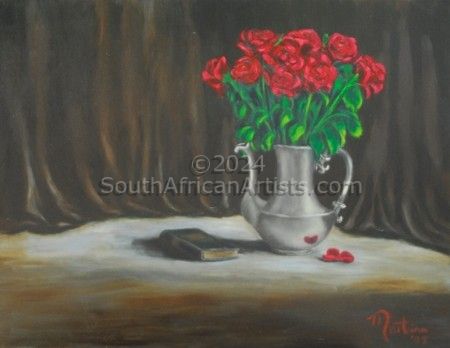 Red Roses in Pewter Coffee Pot