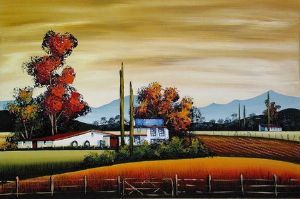 "Family Farm with Red Tree"