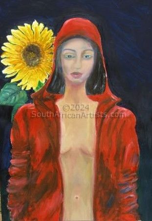 Nude With Sunflower and Red Coat