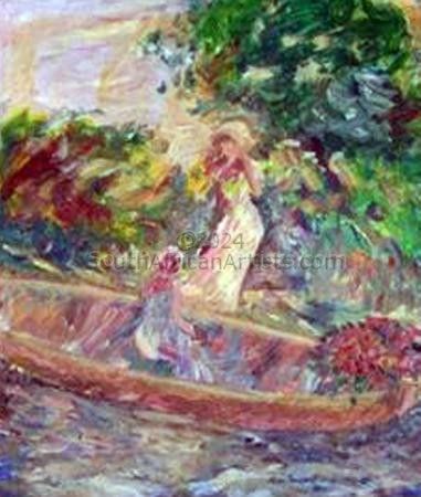 Two Women and a Boat with Flowers