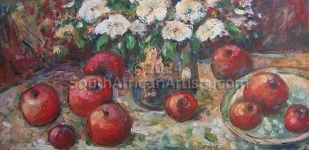 Still life with apples and flowers