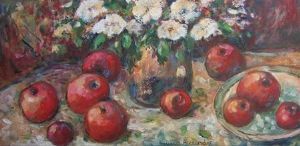 "Still life with apples and flowers"
