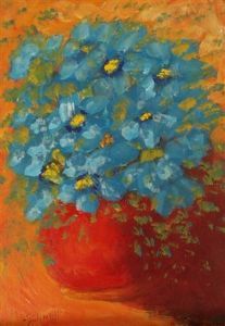 "Blue Daisies in Red Vase"