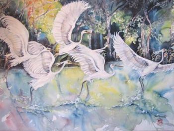 "Egrets in Flight"