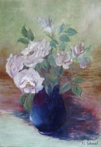 "Lilac Roses in Ebony Vase"