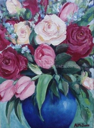 Roses and Tulips in Blue Vase