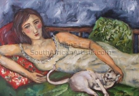 Reclyning woman with cat