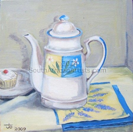 Cream-and-Blue Teapot on Lavendar