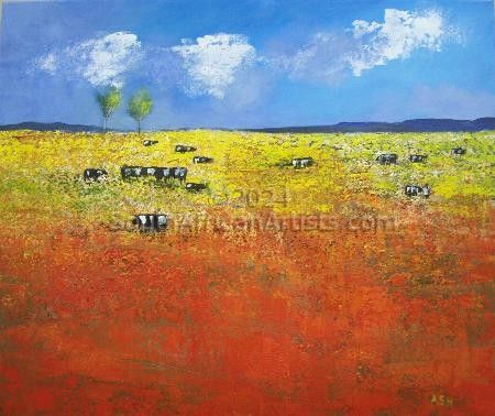 red field with cows