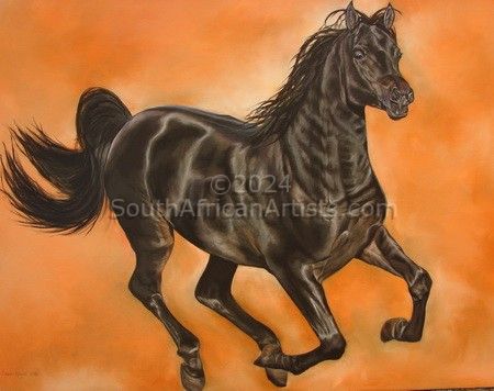 Galloping Black Horse Through Orange