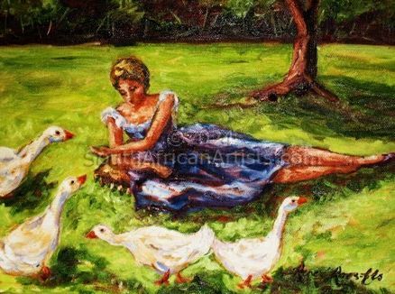 Lady in Blue Feeding Ducks