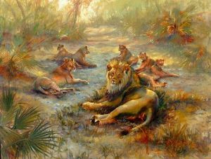 "Lions in Sandy Wash"