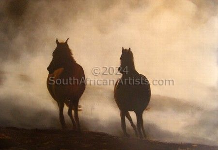 Wild horses in the mist