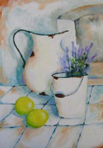 "Lavender Flowers in An Enamel Bucket"