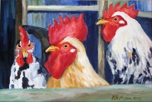 "Two Roosters and Hen"