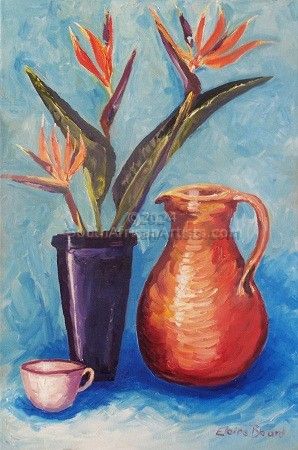 Strelitzias in Blue Vase