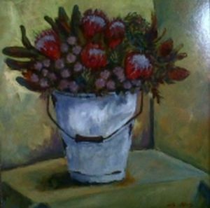 "Red Proteas in White Enamel Bucket"