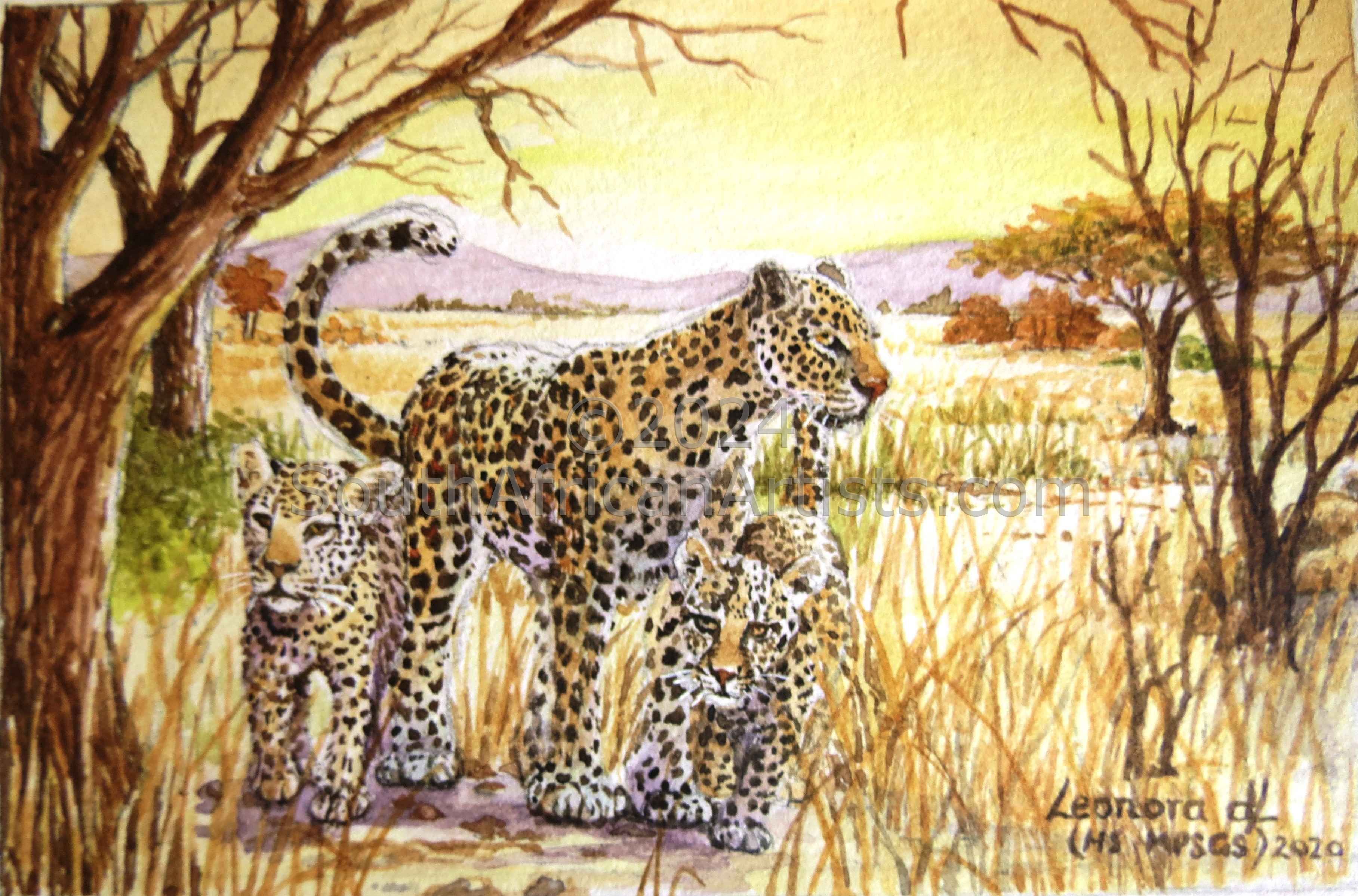 MINIATURE-Leopard and her cubs at Sunset