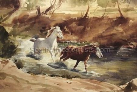 Horses Dashing Through the River