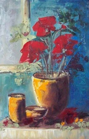 Red Flowers At Window 624