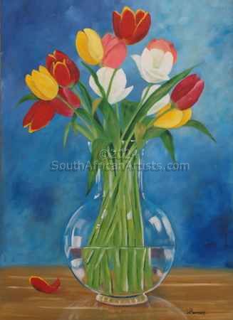 Tulips in Glass Pot