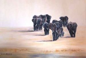 "Elephants Rushing Towards Water"